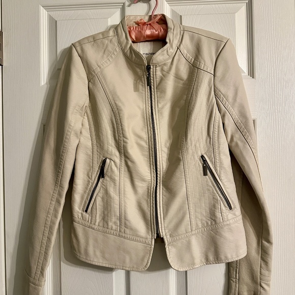 Maurices Cream Faux Leather Moto Jacket – Stretch Panels, Zip Pockets (XS) - Picture 1 of 6